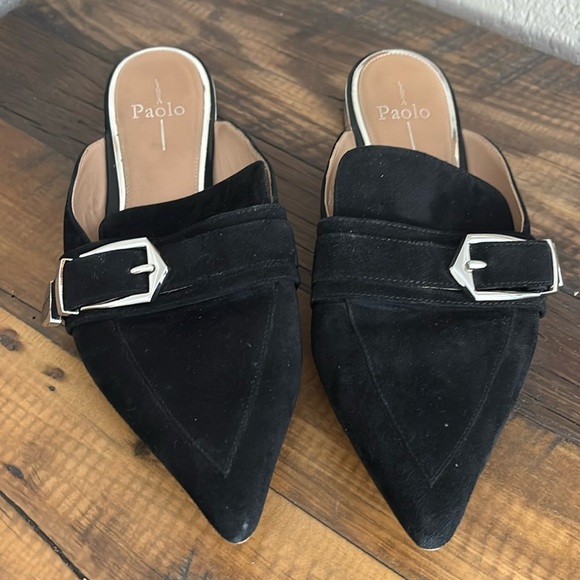 Linea Paulo Ace Pointed Toe silver buckle Leather Suede slip on Mules - Picture 2 of 8